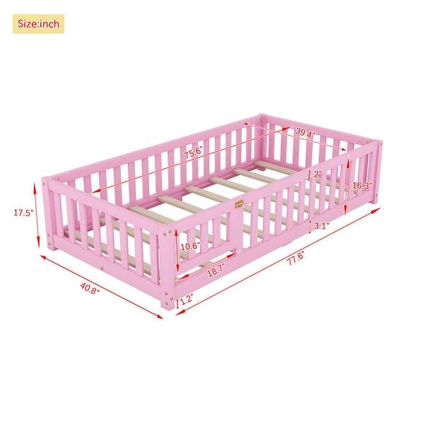 dimension image slide 1 of 4, Twin Size Kids Floor Bed with Guardrails and Door
