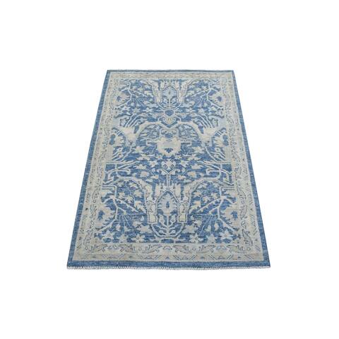 Shahbanu Rugs Extra Soft Natural Wool Denim Blue Peshawar with All Over Design Hand Knotted Oriental Rug (3'2" x 5'0")