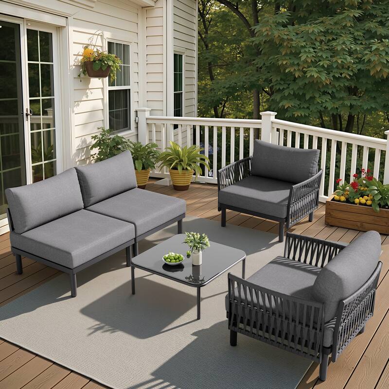 Outdoor Patio Aluminum PE Rattan Free Combination Sectional Sofa Conversation Seating Set - 4Seats - DarkGrey