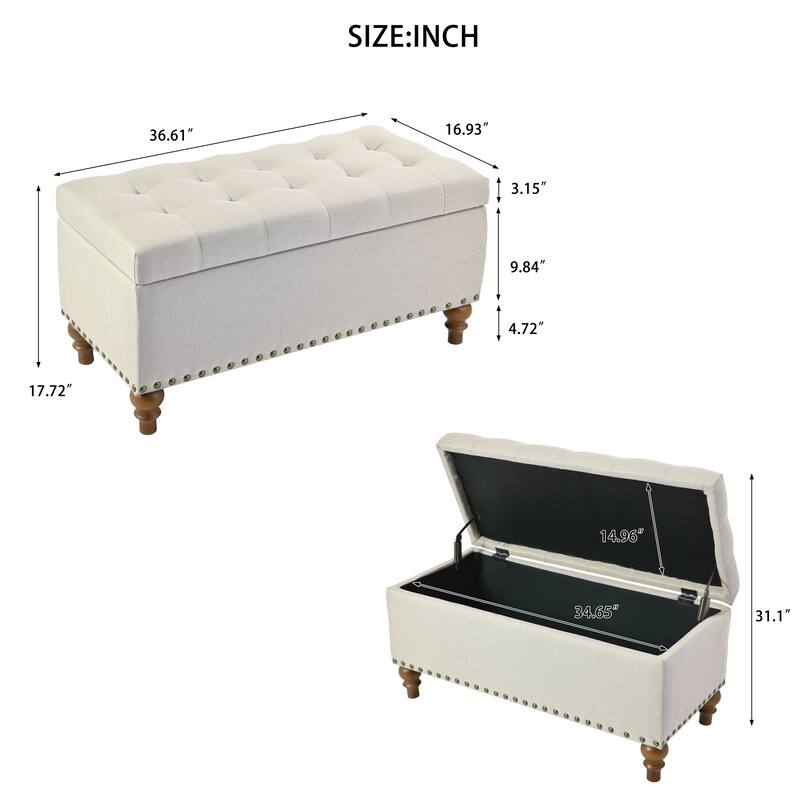 Linen Ottoman Storage Bench with Rivet Trim Around