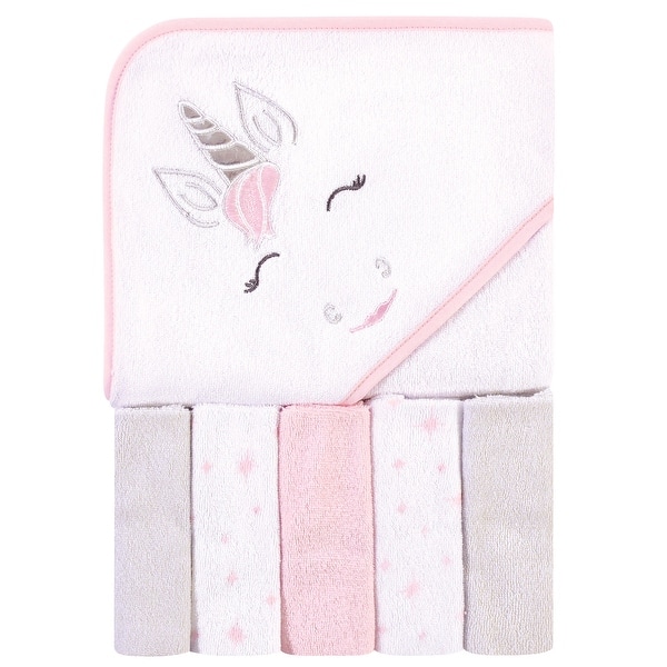 slide 1 of 1, Hudson Baby Infant Girl Hooded Towel and Five Washcloths, Pink Unicorn, One Size - Pink Unicorn - One Size Pink Unicorn