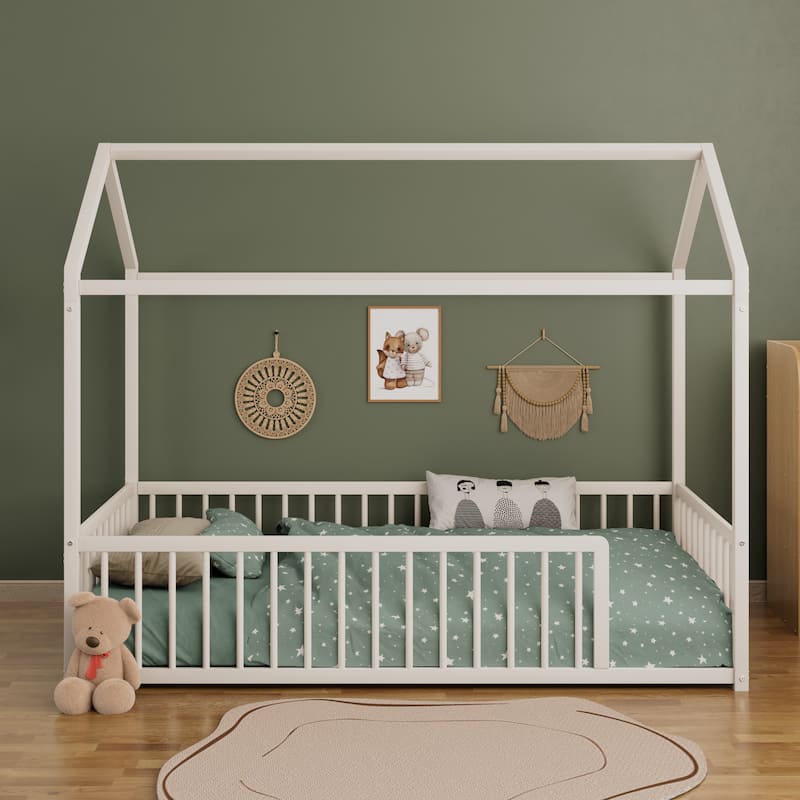 Montessori Metal House Bed with Low Entry & 3-Side Fence by Harper&Bright Designs