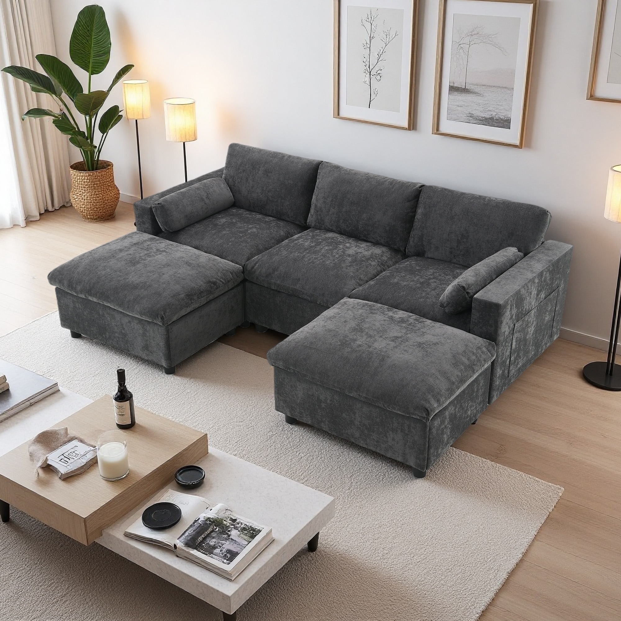 86.5" Chenille U-Shaped Modular Sectional Sofa with Ottomans