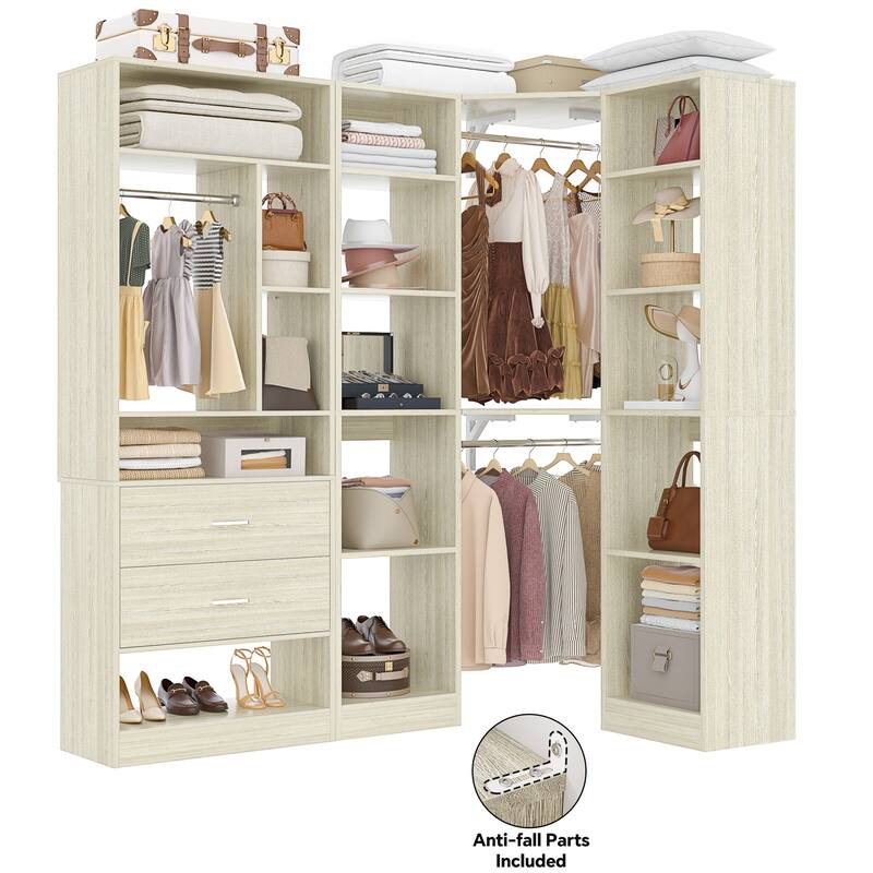 Rackcog 63.2'' W Corner Closet System with 2 Wooden Drawers and 3 Hanging Rods, Walk-in Closet Organizer with 12 Storage Shelves