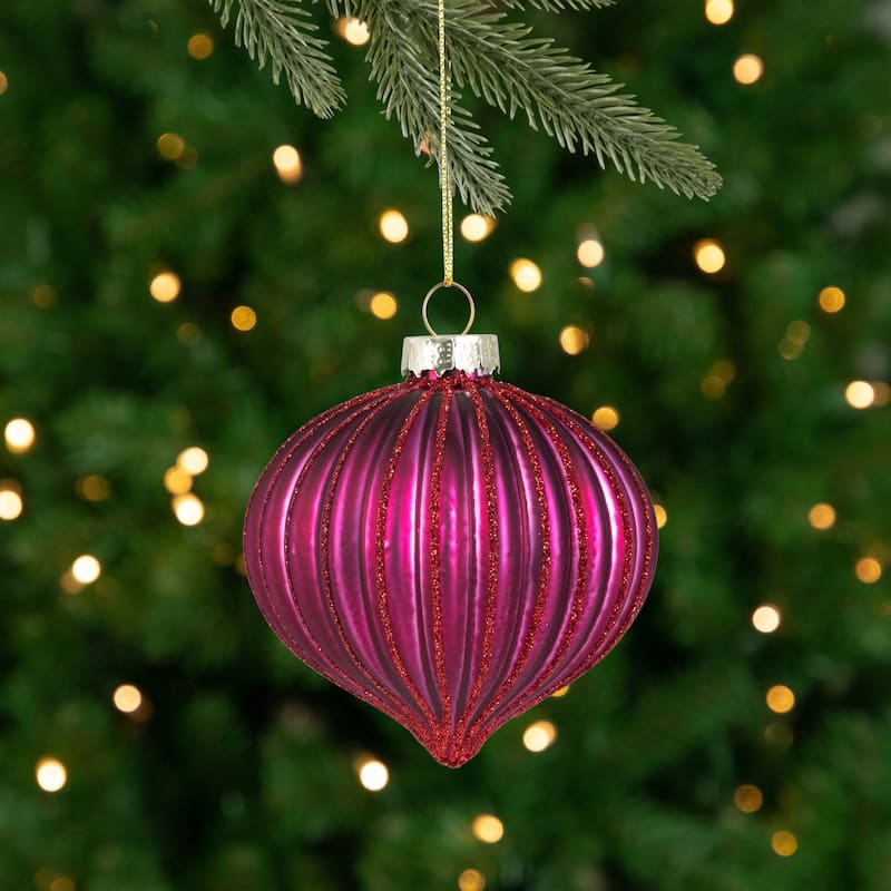 Glittered Onion Glass Christmas Ornaments - 3.25" - Maroon - 4ct