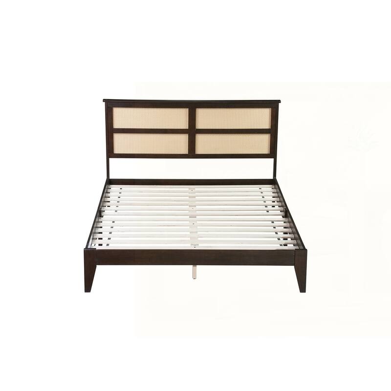 Solid Wooden Bed with Rattan Headboard