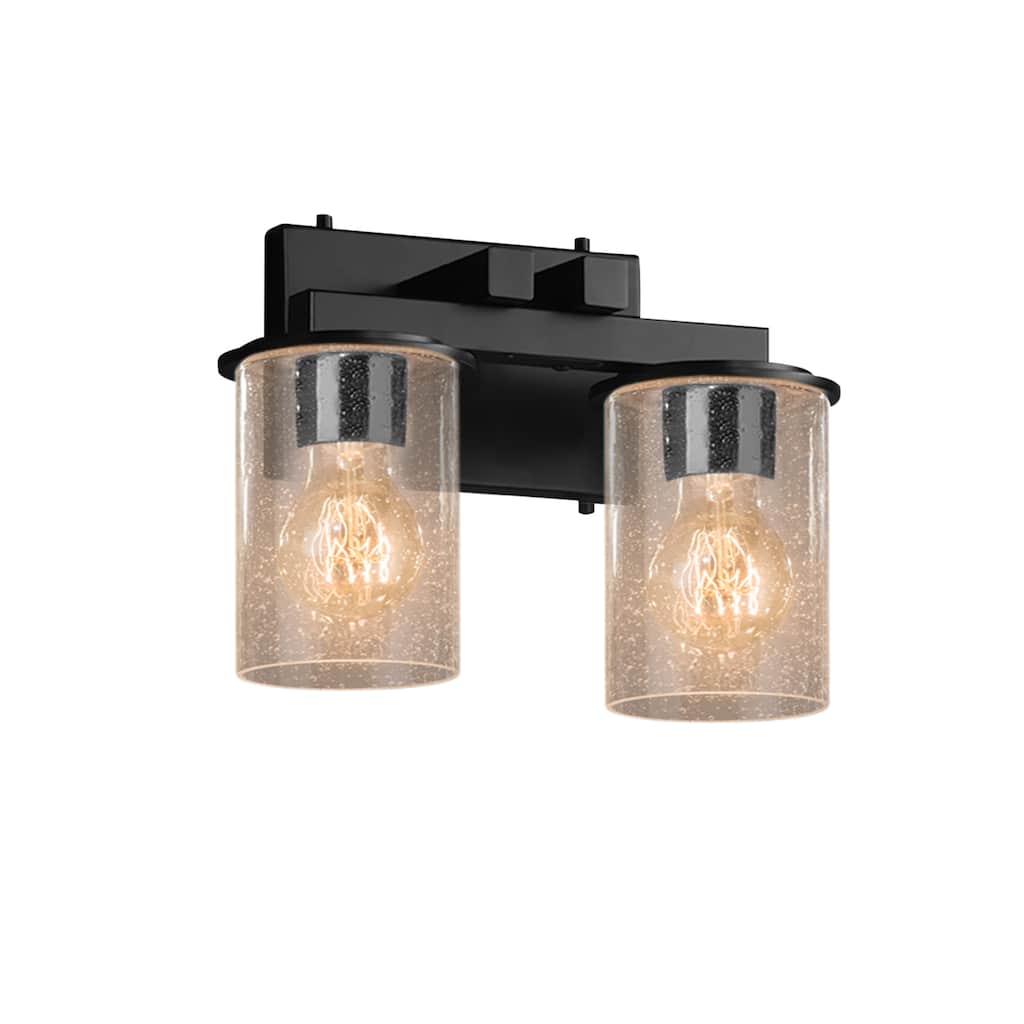 Justice Design Fusion Dakota 2-light Matte Black Bath Bar, Seeded Cylinder w/ Flat Rim Shade