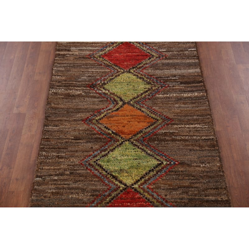 Geometric Moroccan Oriental Runner Rug Hand-Knotted Wool Carpet - 3'6" x 12'6"