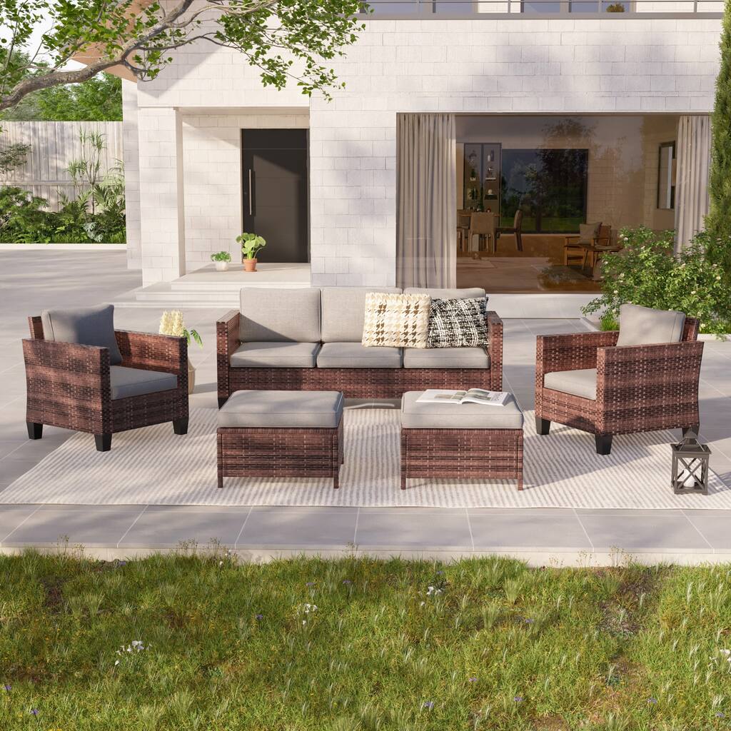 LIVOOSUN 5Pcs Patio Furniture Set Brown Rattan Coversation Seating Set