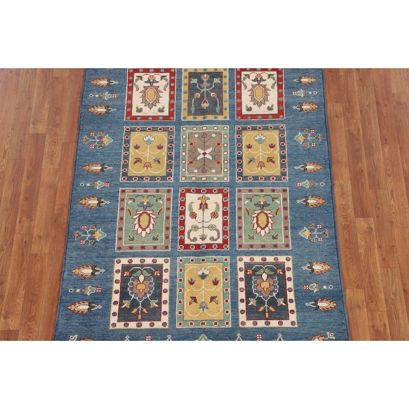 Blue Geometric Kazak Area Rug Hand-Knotted Wool Carpet - 4'2" x 5'11"
