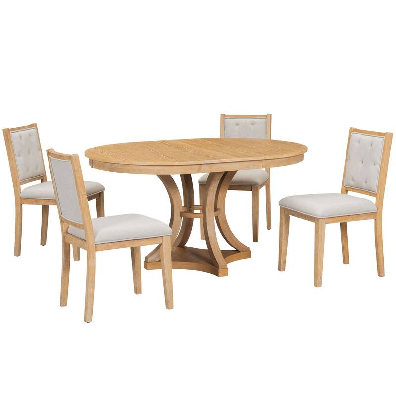 5-Piece Dining Table Set with Extendable Round Table, Kitchen Table Set with 4 Upholstered Chairs for Dining Room
