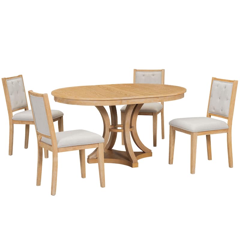 5-Piece Retro Functional Dining Table Set Extendable Round Table and 4 Upholstered Chairs for Dining Room and Living Room