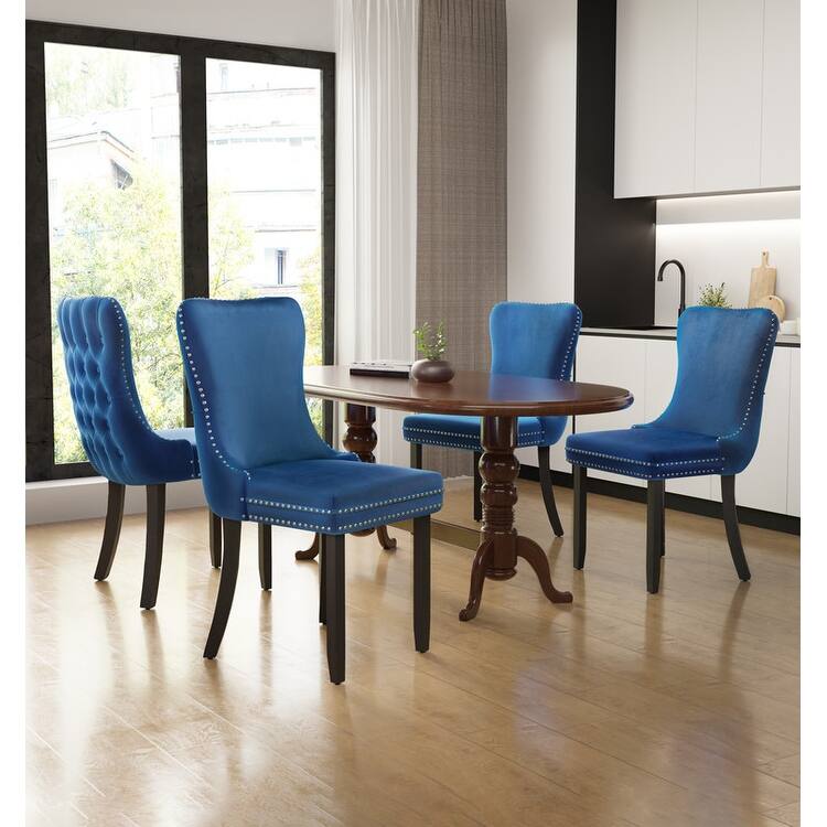 Upholstered Wing Back Dining Chair (Set of 4) - Navy Blue Velvet
