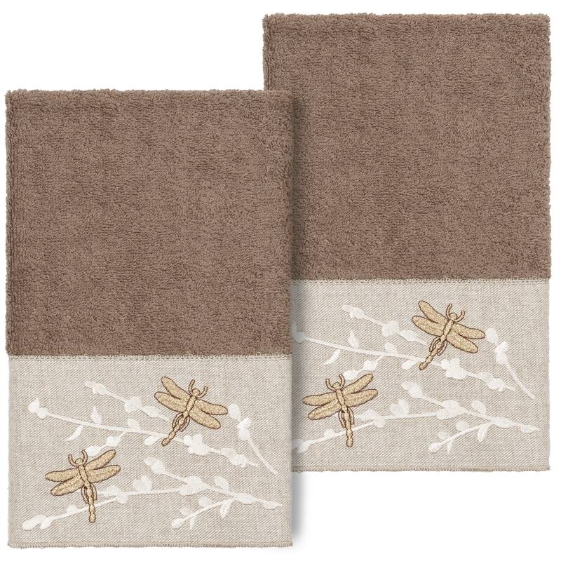 Authentic Hotel and Spa 100% Turkish Cotton Braelyn 2PC Embellished Hand Towel Set - Latte