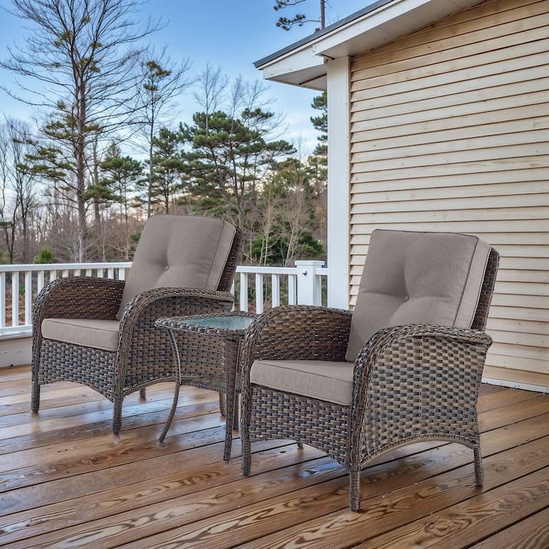 Pocassy Outdoor Wicker Patio Chairs Set - Brown Wicker Grey Cushion - 2PCS Patio Chairs w/ 1PC Side Table