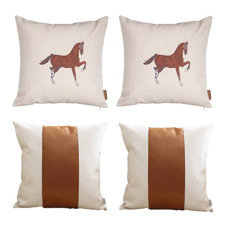 HomeRoots Set Of Four 18" X 18" Beige And Brown Horse Faux Leather Zippered Pillow With Embroidery