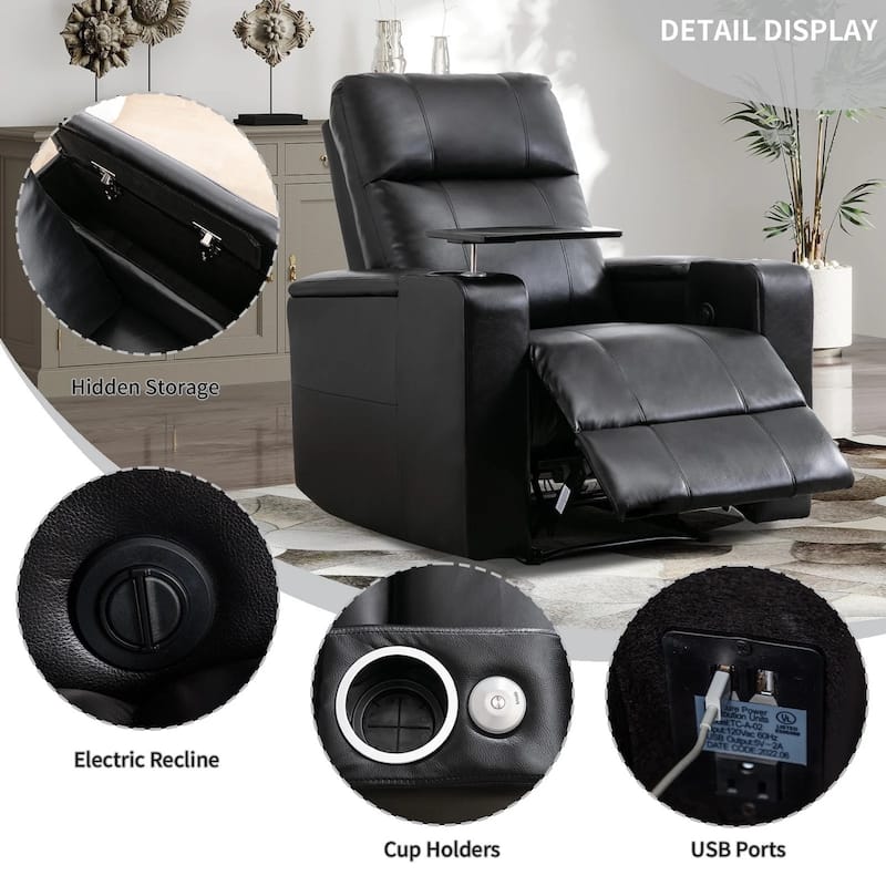 Electric Recliner for Living Room Home Seating Leather Reclining Chair with Cup Holders USB Ports and Hidden Storage