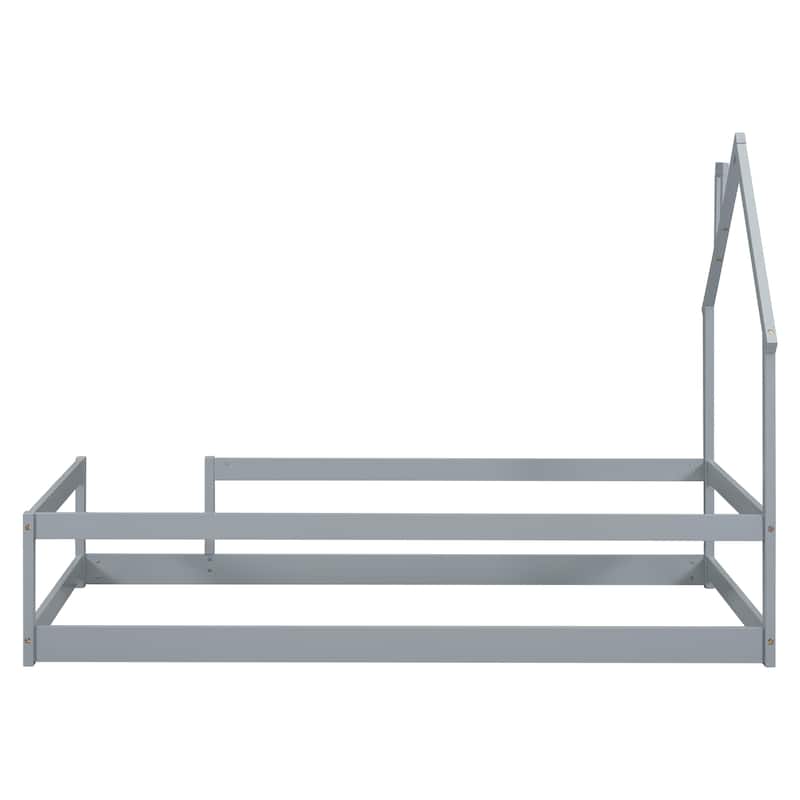 Grey Twin Pine Floor Bed with House-shaped Headboard