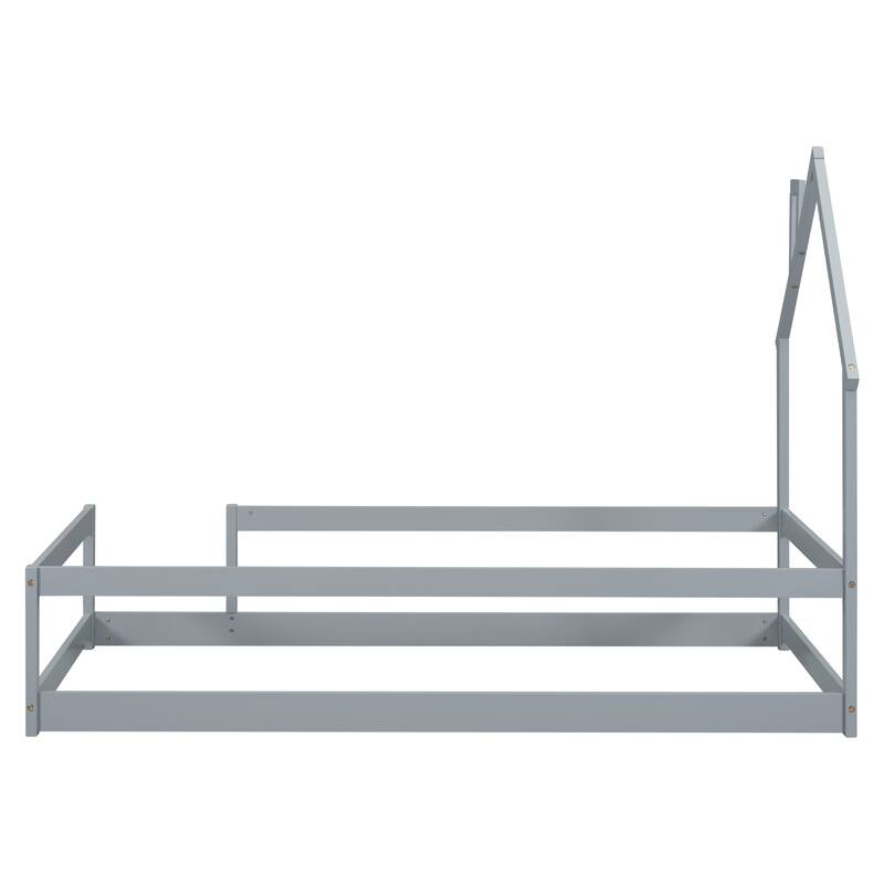 Whimsical Twin Floor Bed with House-Style Headboard and Full-Length Guardrails for Kids
