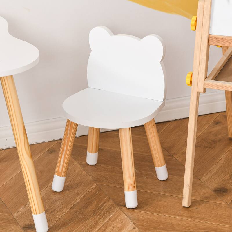 Qaba 3 Pieces Table and Chair Sets Children Dining Table Cute Bear Shape with Rounded Corners for 1-4 years, White
