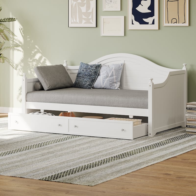 Twin Size Daybed Wood Sofa Bed Space-Saving Storage Bed with 2 Drawers and Curved Handrail Guardrail for Living Room, Light Grey - White Daybed - Twin