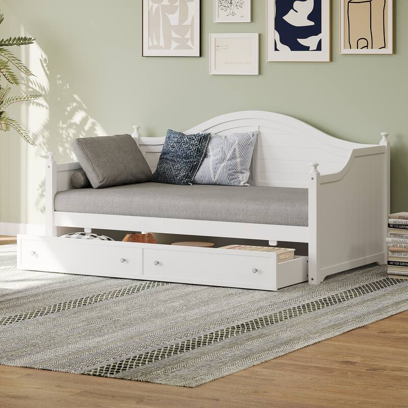Wooden Daybed with 2 Storage Drawers, Twin Size Storage Platform Bed - Twin Size Extendable Day-bed Pop-up Trundle Bed, Sofa Bed