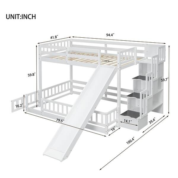 dimension image slide 0 of 2, Twin Over Full Bunk Bed with Slide, Storage Staircase & Guardrails