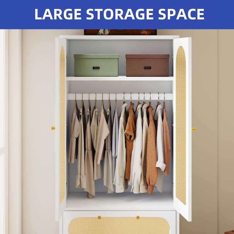 70" Tall Wardrobe Armoires Closet Storage Rattan Style with Drawers & Hanging Rod