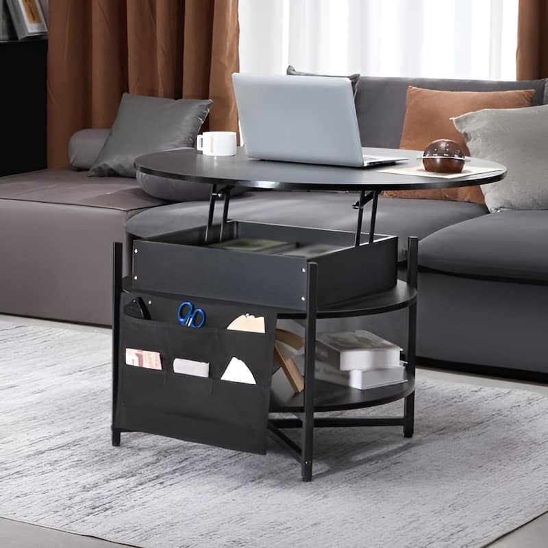 35.3" Round Coffee Table with Lift Top, Hidden Storage & Open Shelf
