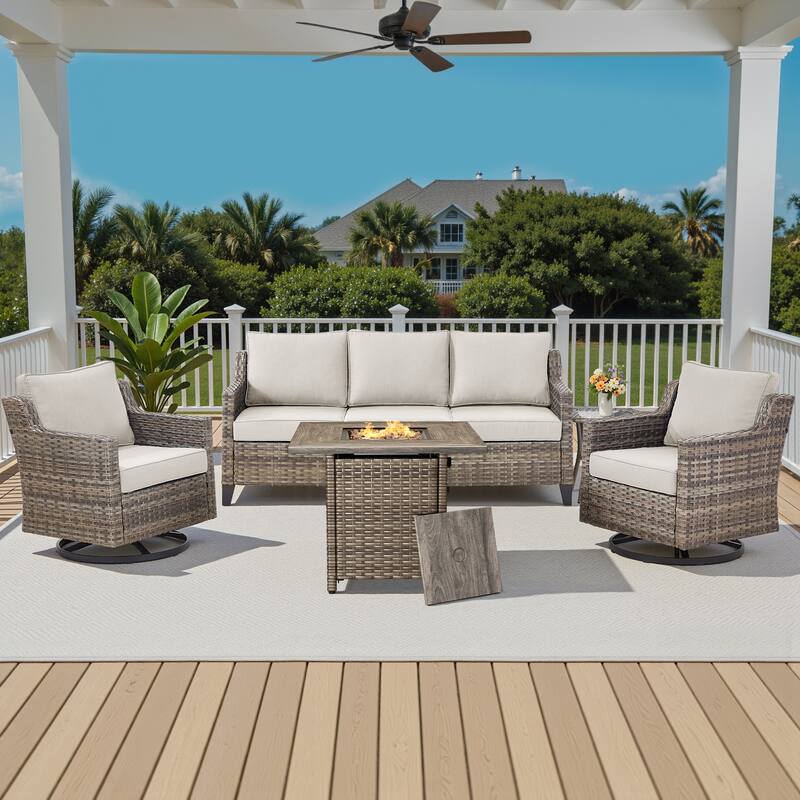 Pocassy 5-Piece Outdoor Sofa Siwvel Chair w/ Fire Pit Table - Beige Cushion Gray Wicker - 5-Piece Sofa Siwvel Chair w/ Fire Pit Table