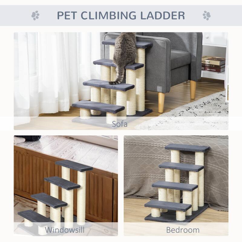 Cat Tree with 4 Steps for High Beds Couch, Cute Stair Shaped Cat Tree for Indoor Cats or Dogs w/ Sisal Scratching Post - Gray