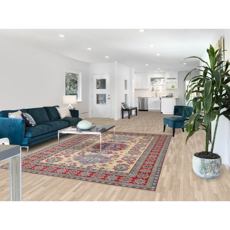 Hand Knotted Oriental 100% Wool Carpet Traditional Geometric Peach Kazak Area Rug - 9' 9'' X 6' 8''