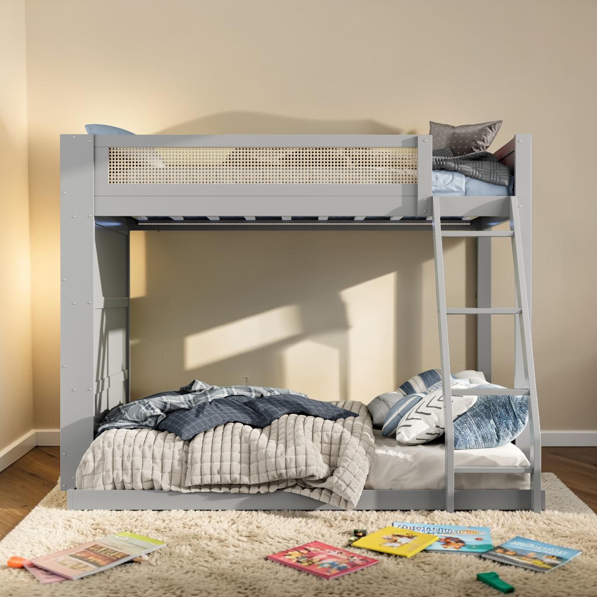 Twin Over Full Bunk Bed with LED Light and 4 Tier Shelf, Wood Bunk Bed with Storage and Rattan Guardrail