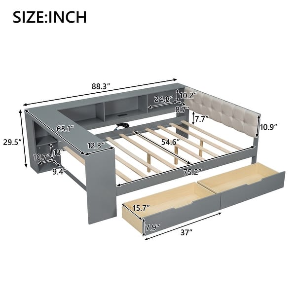 dimension image slide 1 of 2, Full Size Wood Platform Bed with Storage Shelves, Drawers, Charging Station and Upholstered Headboard, Gray