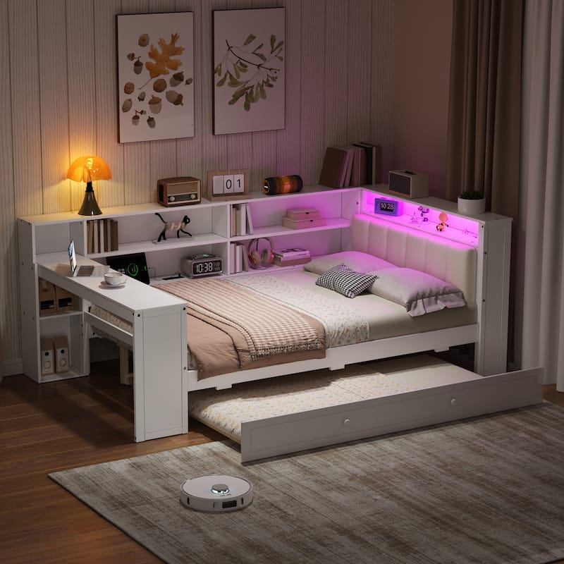 Daybed with Desk & Trundle Storage Bookcase Daybed with Socket and LED - White/ Trundle - Full