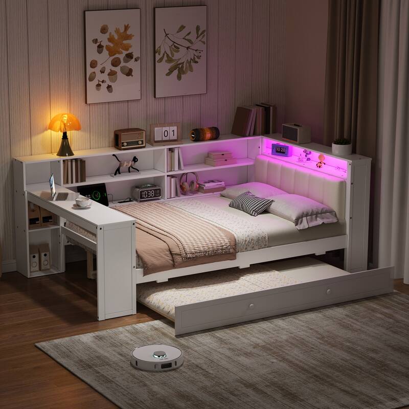 Roomfitters Twin/Full Platform Bed with Trundle, LED Headboard, Charging Station and Storage - Beige+White - Full