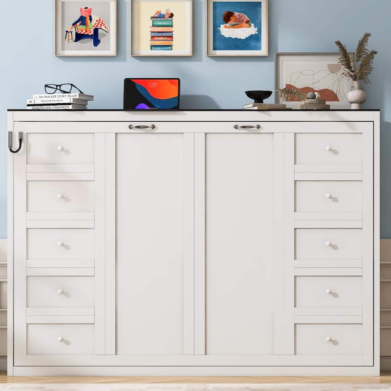 Murphy Bed with LED Light, Foldable Bed Can be Folded into Cabinet, Hidden Wall Bed Cube Cabinet Platform Bed Frame