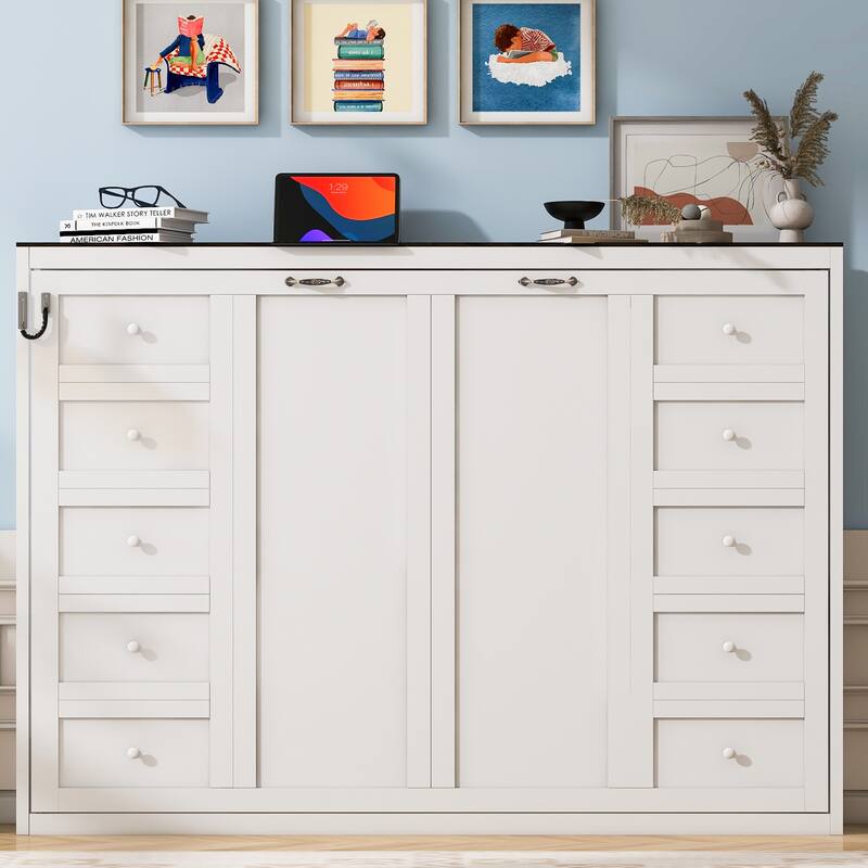 Wooden Murphy Bed with Desk and LED Light/Foldable Wall Bed Cabinet/Hydraulic Lift System/Wood Slats Support/Space-Saving Design