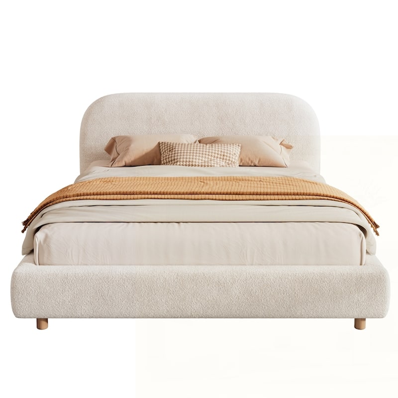 Upholstered Platform Bed with Curve-Shaped Design Headboard