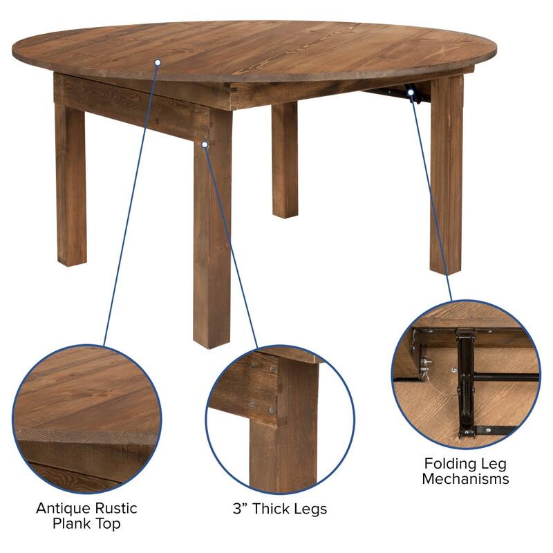 60" Round Solid Pine Folding Farm Dining Table Set with 4 Cross Back Chairs