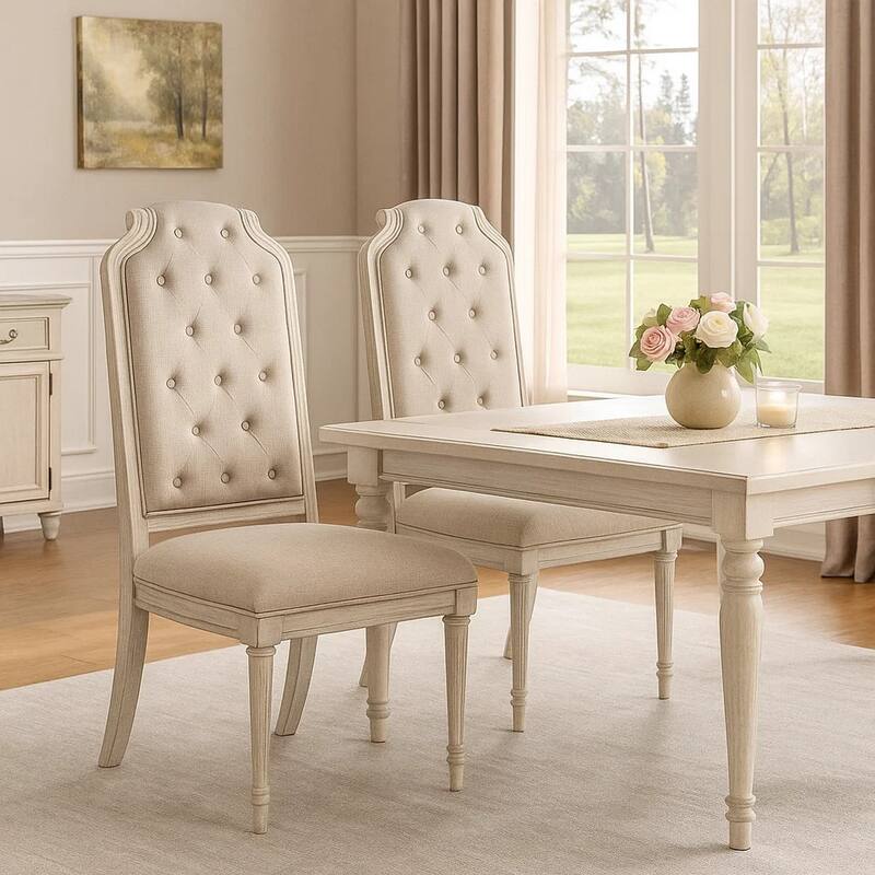 Side Chair with Tapered Legs and Button Tufted Back, Set of 2, Beige