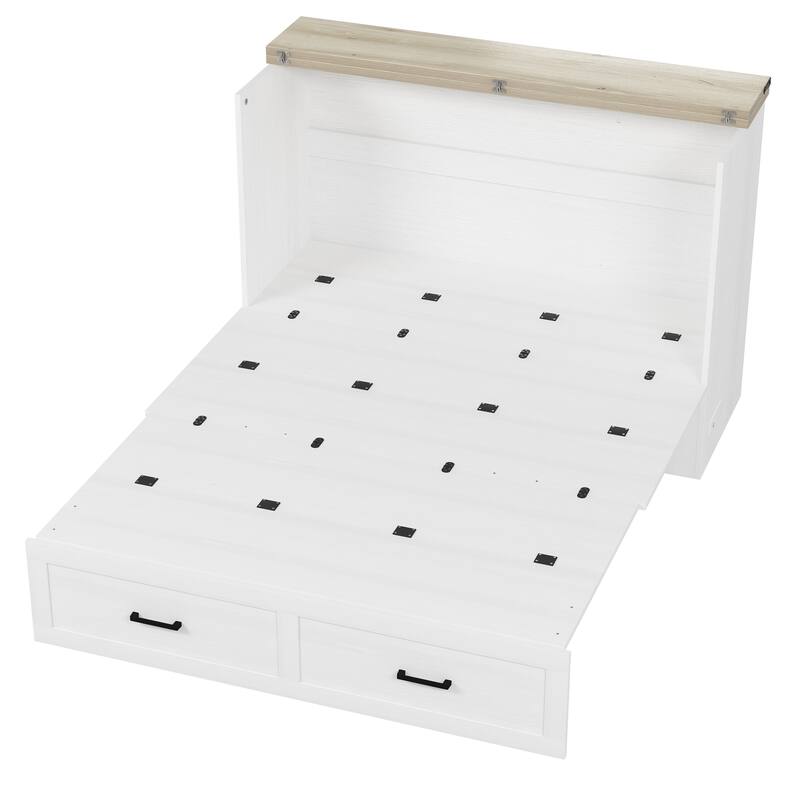 Queen Murphy Cabinet Bed with Charging Station & Large Storage Drawer, Farmhouse Foldable Wall Bed