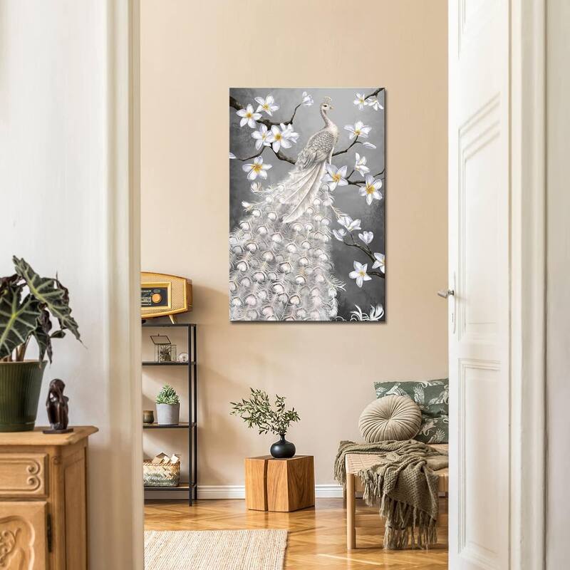 White Peacock Canvas Wall Art Elegant Bird and White Flower Painting