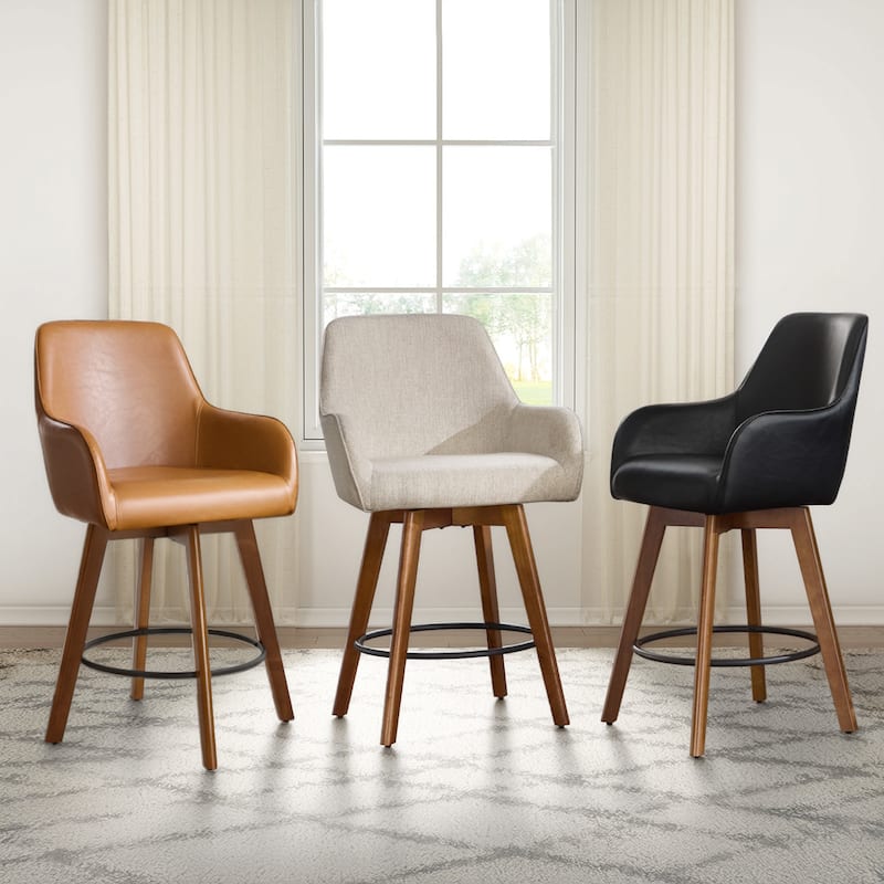 25 Inch Upholstered Swivel Counter Height Bar Stool with Armrests, Solid Wood Legs - 23.6"W x 22.4"D x 40.2"H
