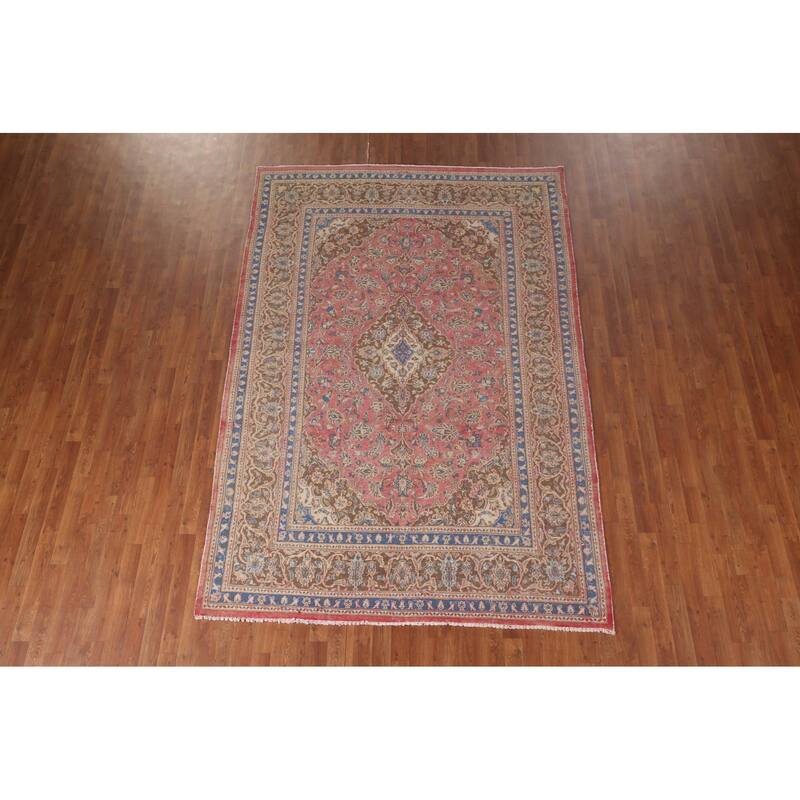 Distressed Pink Mashad Persian Vintage Rug Handmade Wool Carpet - 6'5"x 9'5"