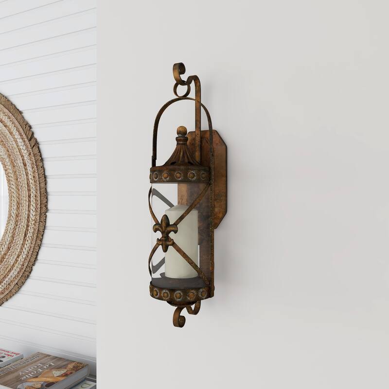 Bronze Metal Suspended Studded Fleur De Lis Wall Sconce with Scroll Details - 7 x 6 x 20