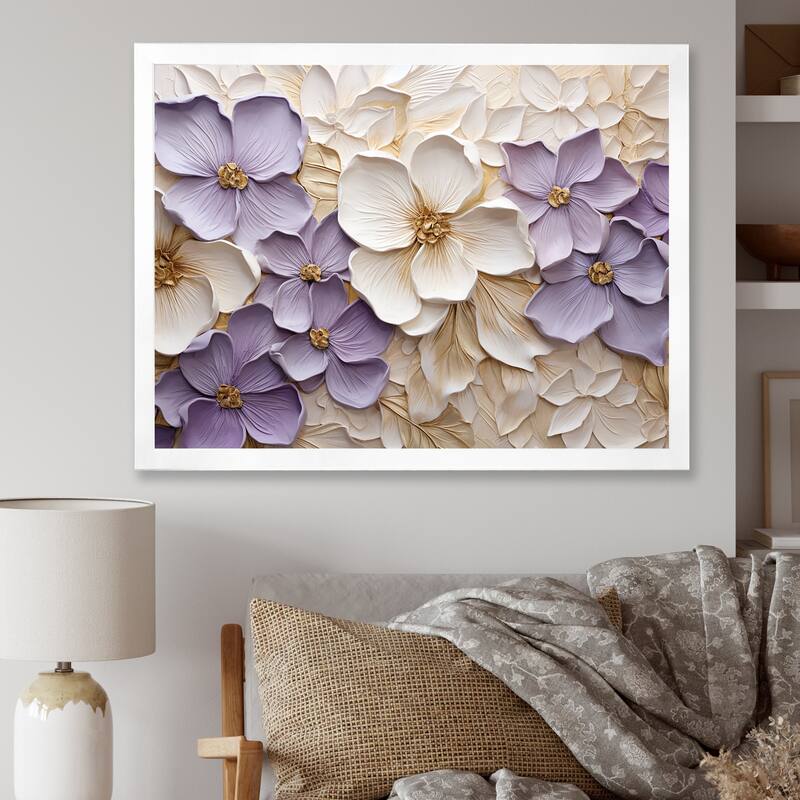 Designart "Purple And White Minimalism Violets " Violets Framed Canvas Art Print - 20 in. wide x 12 in. high - White