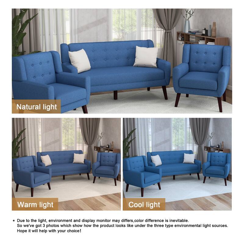 3-Piece Mid-Century Modern Living Room Set with Loveseat and 2 Chairs