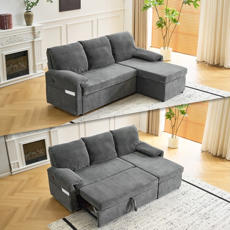 Modern L-Shaped Upholstered Velvet Sleeper Sectional Sofa bed with Chaise and Queen Pull Out Bed