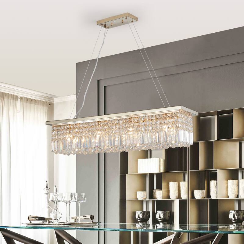 Modern Rectangular Crystal Chandelier 8-Light Gold Pendant Light Fixture for Dining Room & Bar